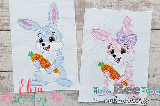 Easter Bunny Boy and Girl Holding a Carrot - Applique