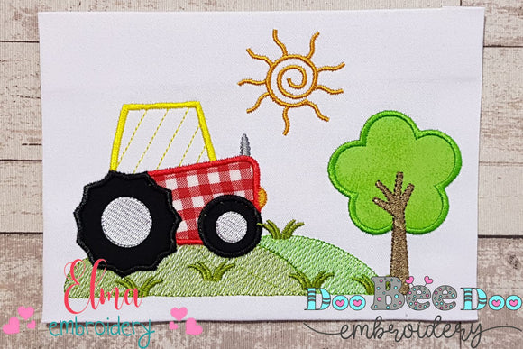 Farm Tractor and Tree  - Applique - Machine Embroidery Design
