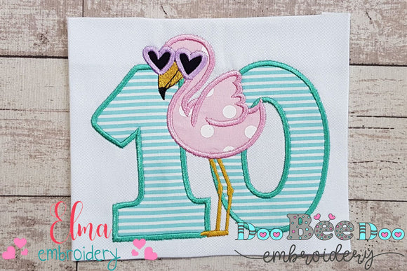 Flamingo with Sunglasses Birthday Number Ten 10 Tenth Birthday - Applique