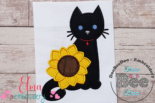 Black Cat and Sunflower - Applique - Machine Embroidery Design