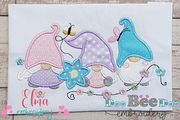 Three Spring Gnomes with Flowers - Applique