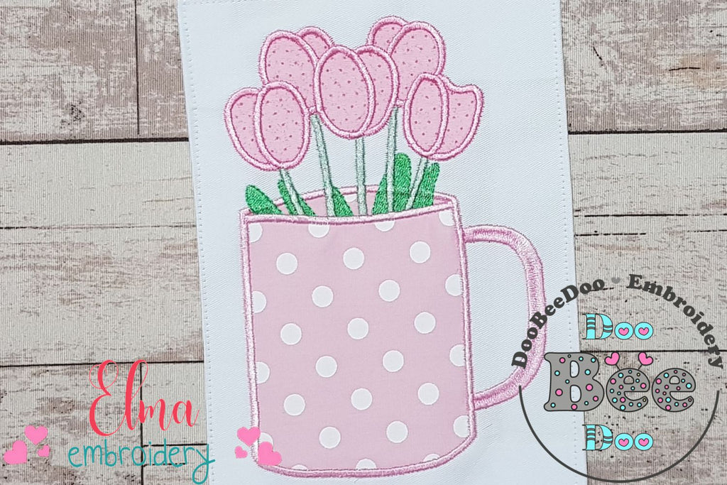 Tulips in a Mug Vase - Applique - Machine Embroidery Design