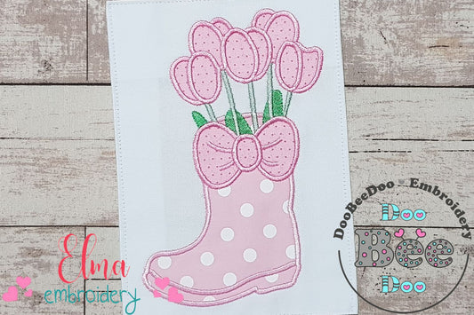 Tulips in a Boot Vase - Applique - Machine Embroidery Design