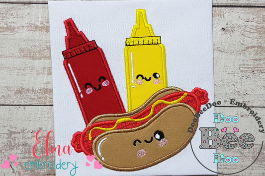 Happy Hot Dog, Ketchup and Mustard - Applique - Machine Embroidery Design