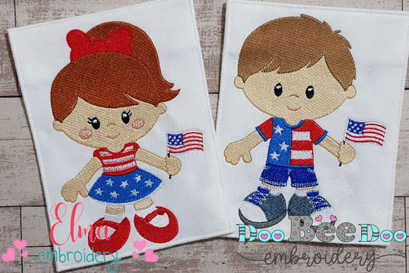 American Girl and Boy with Flag - Fill Stitch - Set of 2 designs