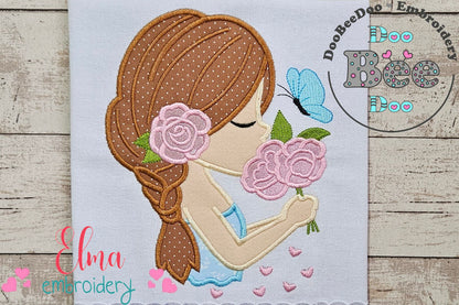 Girl Smelling Flowers - Applique