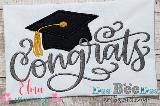 Congrats with Graduation Cap - Applique - Machine Embroidery Design