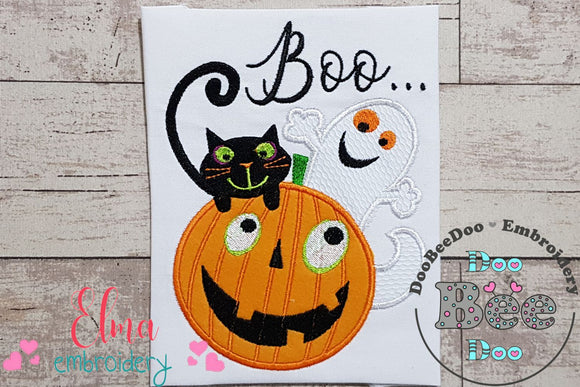 Halloween Boo Pumpkin, Black Cat and Ghost - Applique - Machine Embroidery Design
