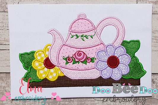 Kitchen Teapot and Flowers - Applique Embroidery