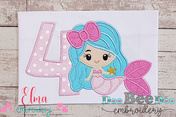 Mermaid Number 4 Four 4th Fourth Birthday Number 4 - Applique