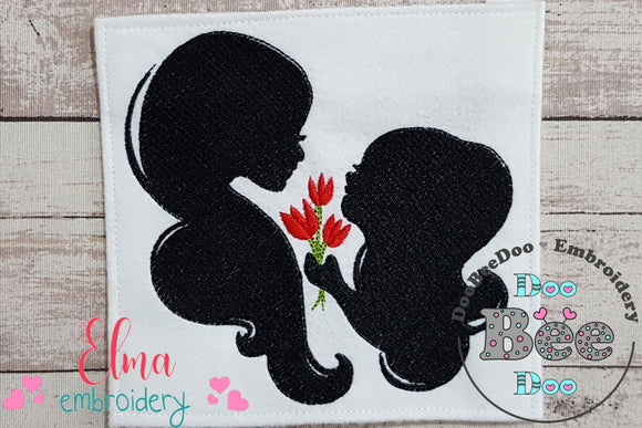 Mom and Daughter with Flower Silhouette - Fill Stitch