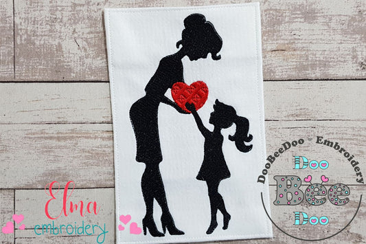 Mom and Daughter with Heart Silhouette - Fill Stitch