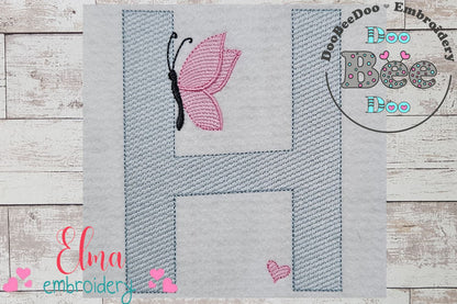 Monogram H Letter H Butterfly - Rippled Stitch