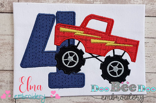 Monster Truck Number 4 Four 4th Fourth Birthday Number 4 - Applique