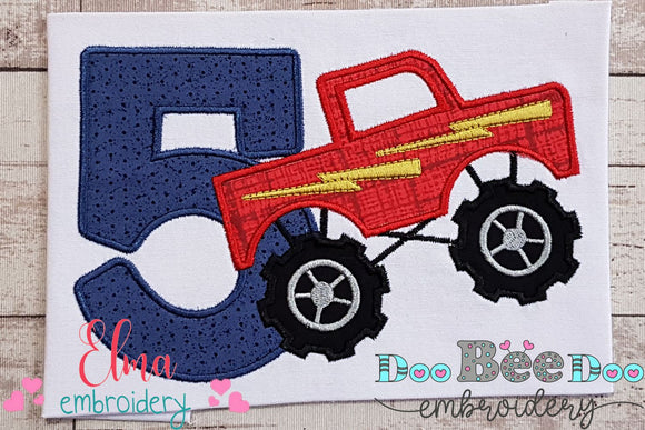 Monster Truck Number 5 Five 5th Fifth Birthday Number 5 - Applique