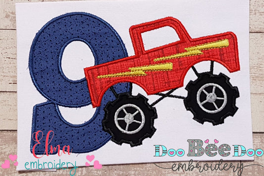 Monster Truck Number 9 Nine 9th Nineth Birthday Number 9 - Applique
