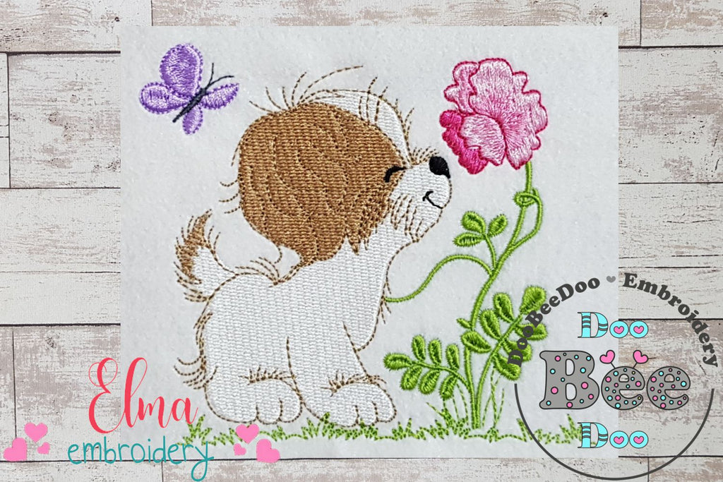 Puppy Smelling a Flower - Fill Stitch - Machine Embroidery Design