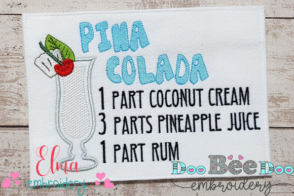 Pina Colada Recipe - Applique - Machine Embroidery Design