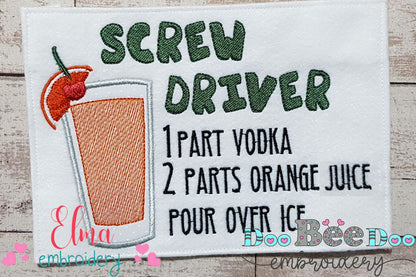 Screwdriver Recipe - Applique - Machine Embroidery Design