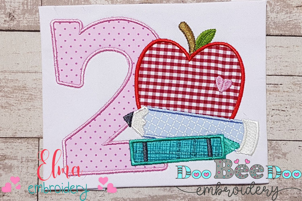 2nd Grade Apple, Pencil and Crayon - Applique-Machine Embroidery Design