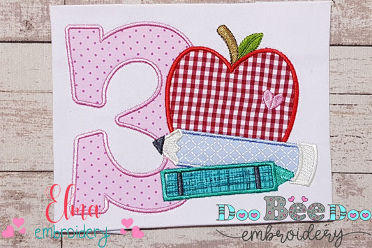 3rd Grade Apple, Pencil and Crayon - Applique