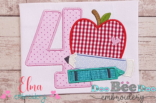 4th Grade Apple, Pencil and Crayon - Applique