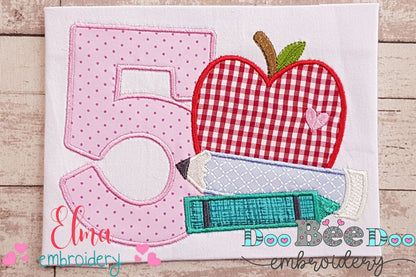 5th Grade Apple, Pencil and Crayon - Applique
