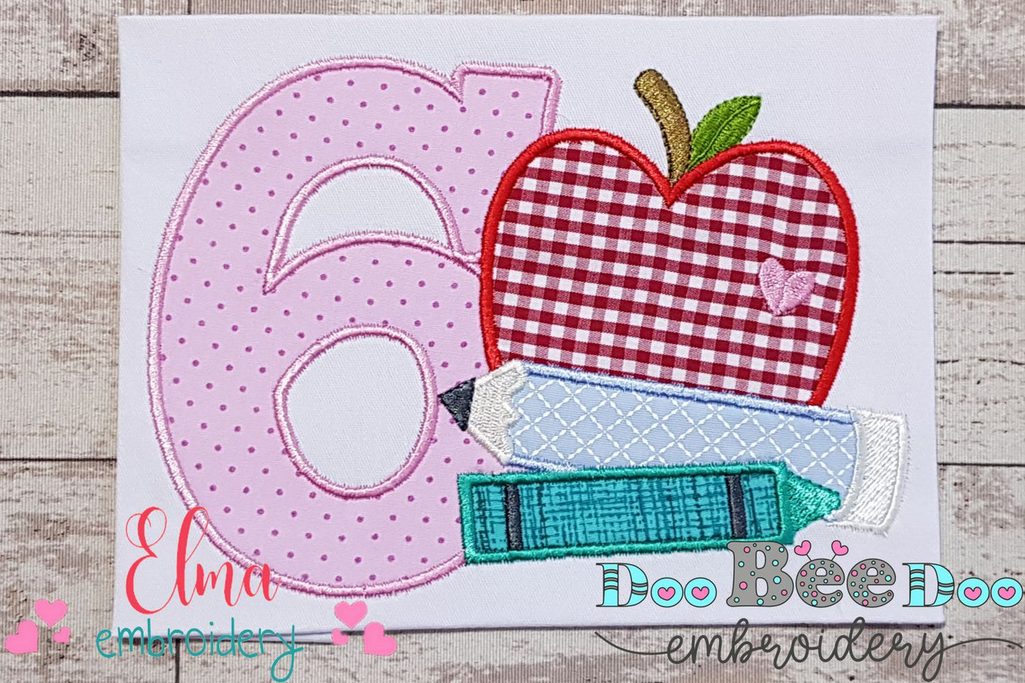 6th Grade Apple, Pencil and Crayon - Applique