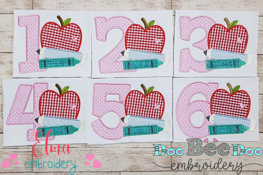 1st to 6th Grade Apple, Pencil and Crayon Back to School - Applique-Machine Embroidery Design