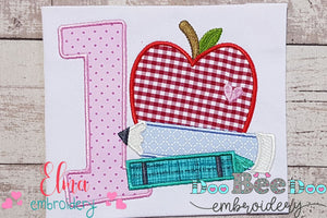 1st Grade Apple, Pencil and Crayon - Applique Machine Embroidery Design