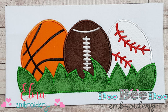 Easter Eggs Sports Balls - Applique - Basketball, Football and baseball
