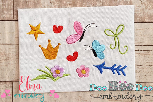 Set of 10 Mini Designs - Fill Stitch - Butterfly, Flower, Arrow, Hearts, Crown, Star and Bow