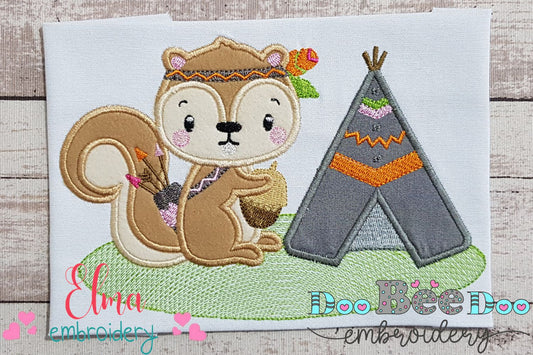 Indian Boho Squirrel and Tee Pee - Applique - Machine Embroidery Design