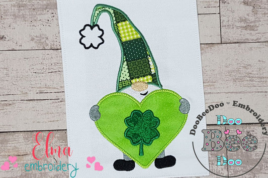 St. Patrick's Love Gnome Shamrock - Applique - Machine Embroidery Design