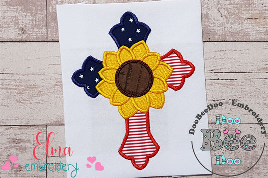 Patriotic Cross with Sunflower - Applique - Machine Embroidery Design