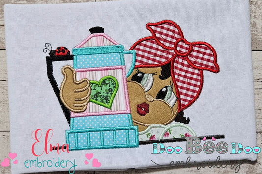 Afro Girl with Teapot - Applique Embroidery