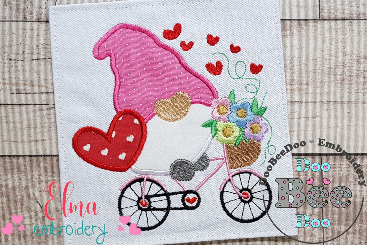 Valentines Love Gnome on Bicycle - Applique Embroidery