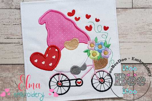 Valentines Love Gnome on Bicycle - Applique Embroidery