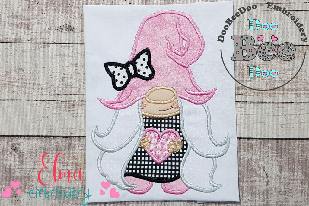 Valentines Gnome Girl with Heart - Applique Embroidery
