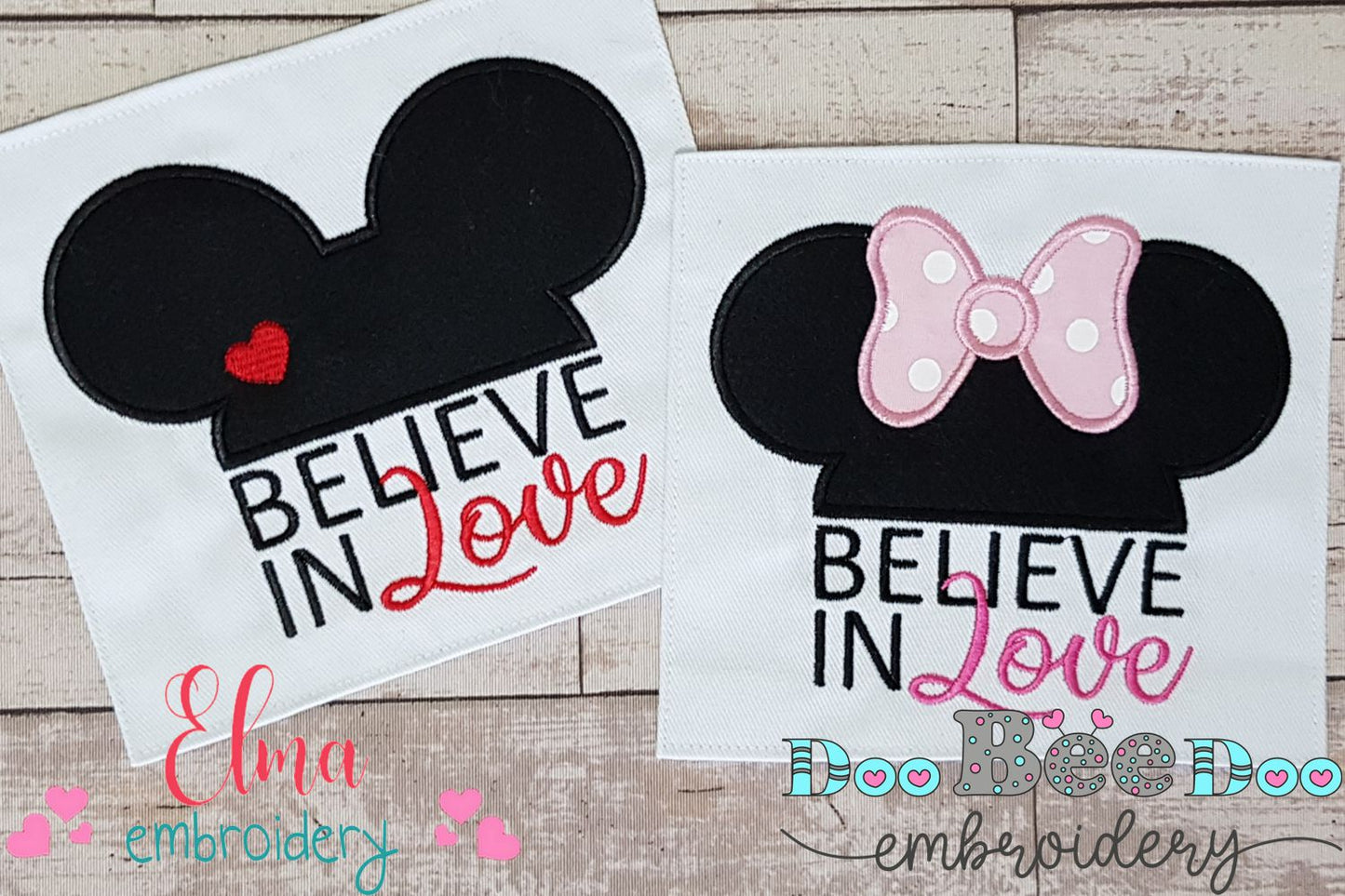 Valentines Mouse Ears Boy and Girl Believe in Love - Applique - Set of 2 designs - 4x4 5x5 6x6 7x7