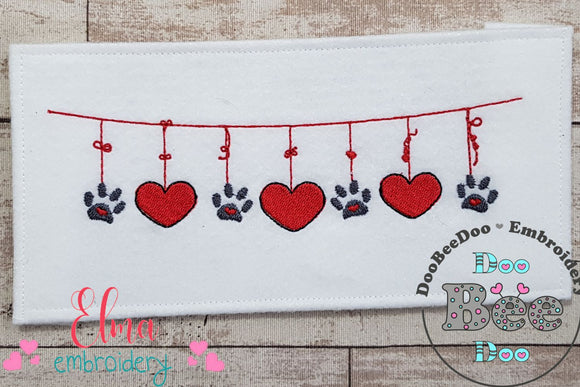 Valentines Hanging Paws and Hearts - Fill Stitch - Machine Embroidery Design