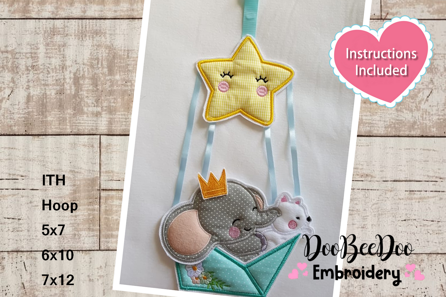 Baby Elephant Balloon Boy Nursery Door - ITH Project - Machine Embroidery Design