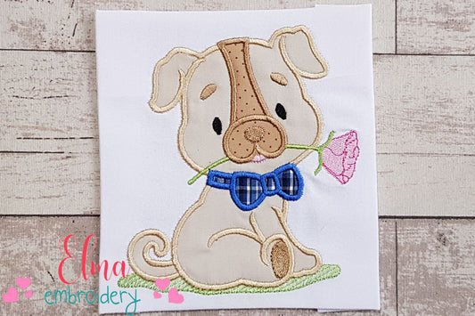 Puppy with Flower - Applique - Machine Embroidery Design