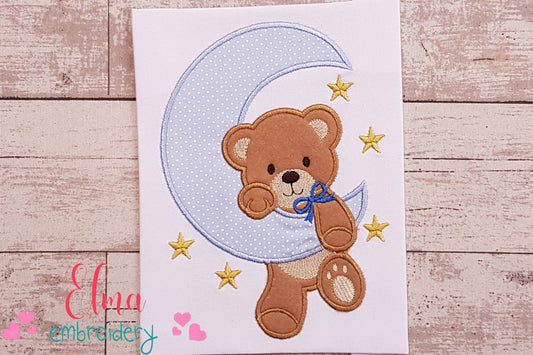 Bear Boy on the Moon - Aplique - Machine Embroidery Design