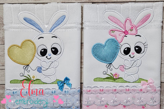Bunny Boy and Girl with Heart Balloon - Applique - Set of 2 designs