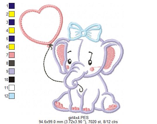 Baby Elephant with Heart Balloon - Appliqué – Machine Embroidery Design