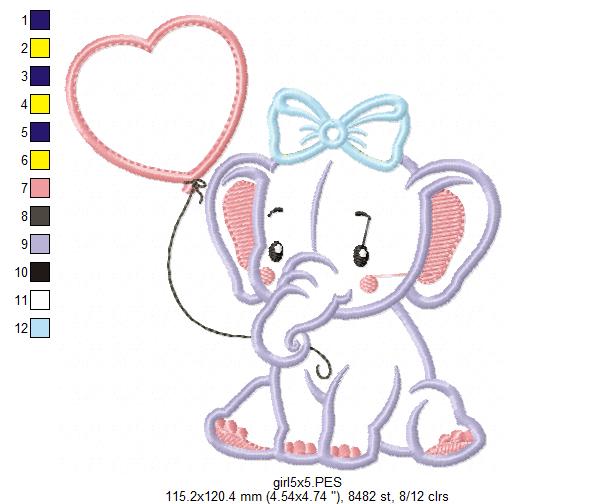 Baby Elephant with Heart Balloon - Appliqué – Machine Embroidery Design
