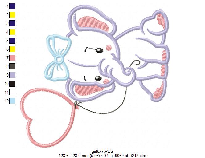 Baby Elephant Girl with Balloon - Applique - Machine Embroidery Design