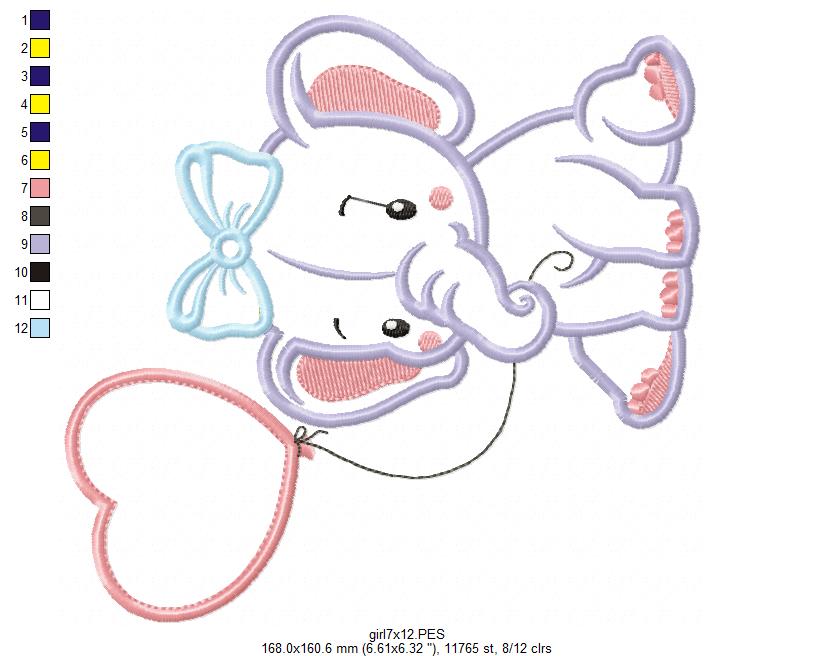 Baby Elephant with Heart Balloon - Appliqué – Machine Embroidery Design