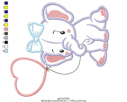 Baby Elephant with Heart Balloon - Appliqué – Machine Embroidery Design